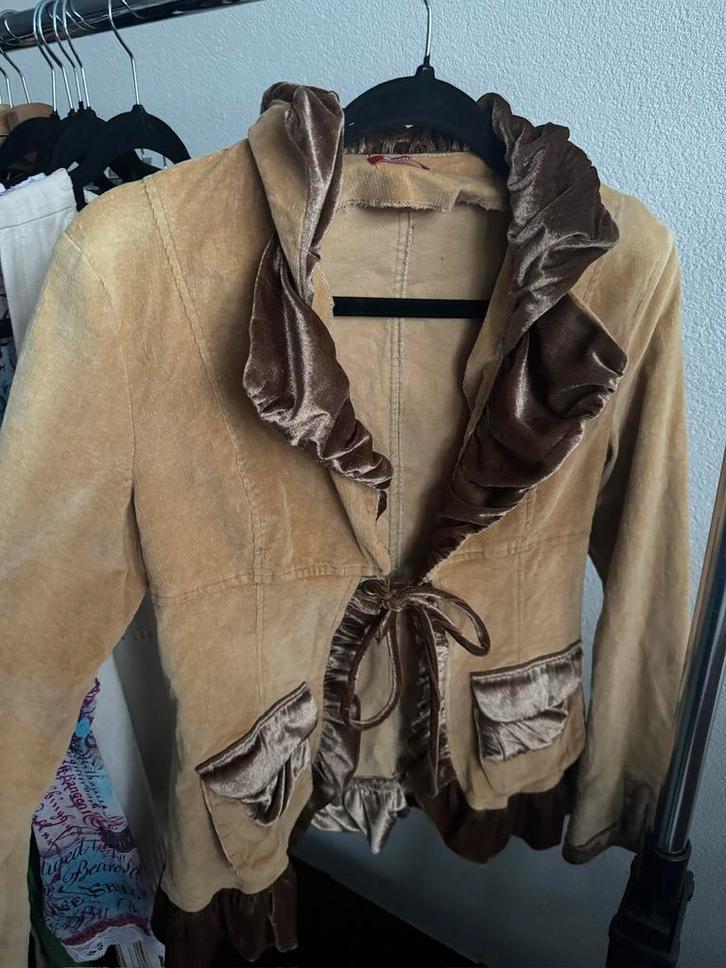 Vintage Y2K beige corduroy blazer jasje met fluwelen rand, Kleding | Dames, Jassen | Zomer, Zo goed als nieuw, Maat 36 (S), Beige