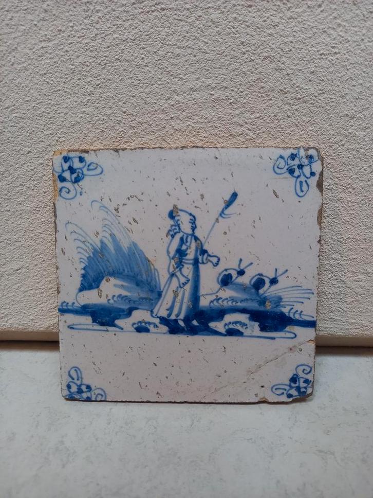 Delfts Blauwe tegel, antiek, 17e of 18e eeuw, herder, Antiek en Kunst, Antiek | Wandborden en Tegels, Ophalen of Verzenden