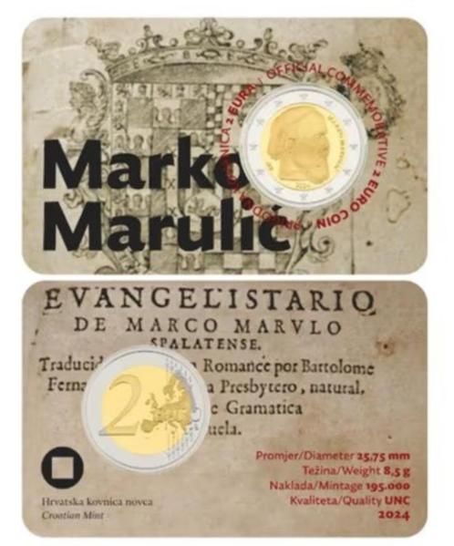 2 euro Kroatië “Sterfdag dichter Marko Marulic’’ UNC 2024, Postzegels en Munten, Munten | Europa | Euromunten, Losse munt, 2 euro