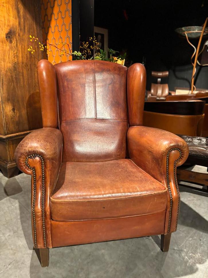 Vintage Schapenleren Oorfauteuil, Huis en Inrichting, Fauteuils, Gebruikt, Leer, 75 tot 100 cm, 75 tot 100 cm, Ophalen of Verzenden