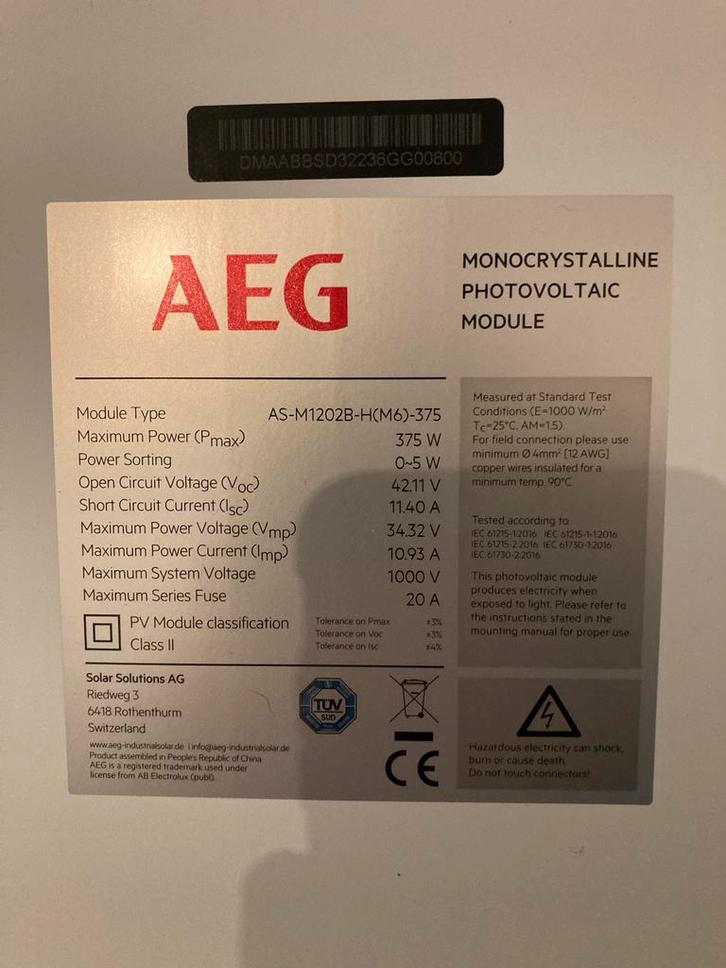 2x AEG Zonnepaneel 375W - Nieuw!, Doe-het-zelf en Verbouw, Zonnepanelen en Toebehoren, Zo goed als nieuw, Paneel, 200 wattpiek of meer
