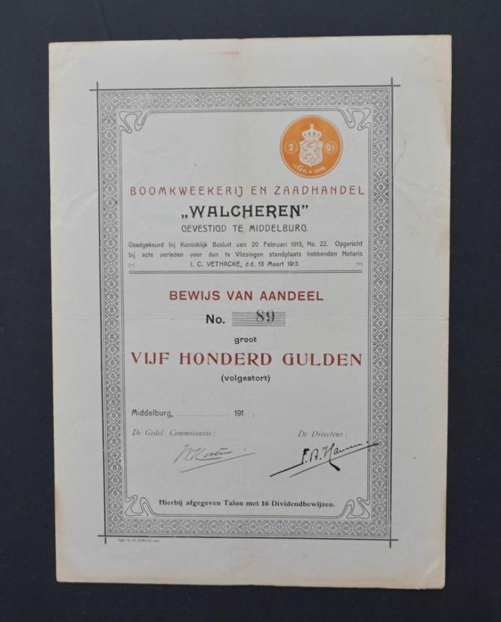 Boomkweekerij en Zaadhandel "Walcheren" - Middelburg 1913, Postzegels en Munten, Aandelen en Waardepapieren, Aandeel, Voor 1920