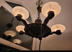 Art nouveau Kroonluchter brons met 5 Lampen + hanglamp, Ophalen of Verzenden, Gebruikt, Glas, Antiek
