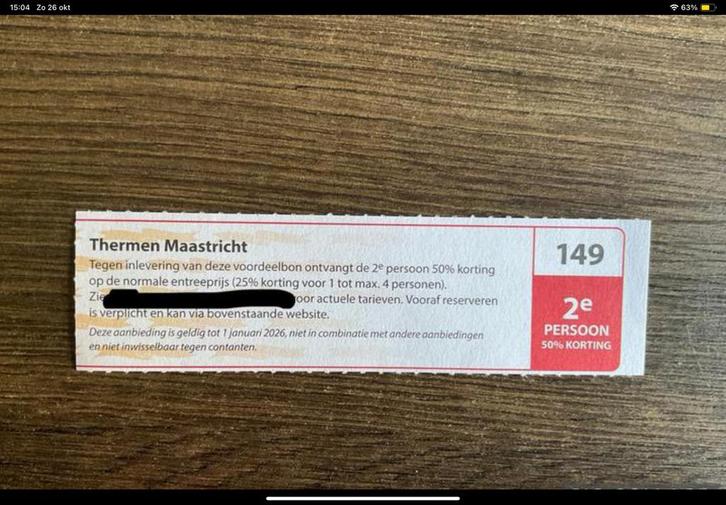Kortingsbon voor sauna Thermen Maastricht (KWF), Tickets en Kaartjes, Kortingen en Cadeaubonnen, Twee personen, Spa of Sauna, Kortingsbon