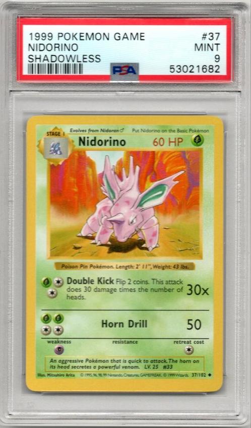Nidorino Shadowless Psa 9 Base set 1999, Hobby en Vrije tijd, Verzamelkaartspellen | Pokémon, Zo goed als nieuw, Losse kaart, Ophalen of Verzenden
