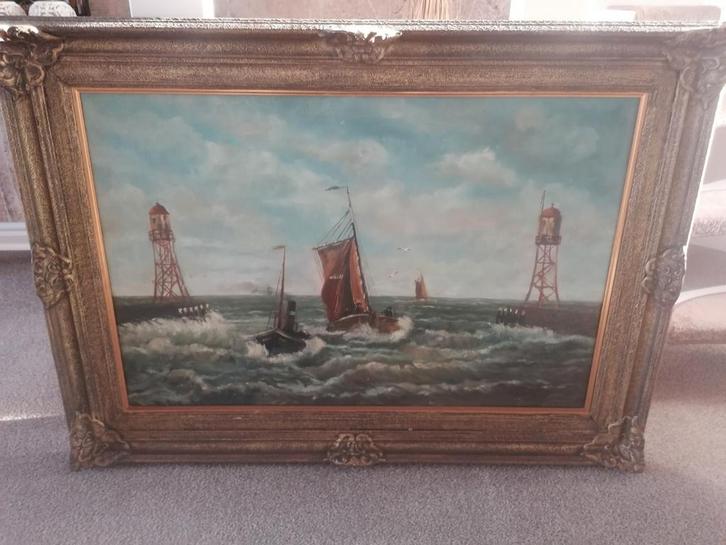 Schilderij: Boten op zee met lichtbakkens, Antiek en Kunst, Kunst | Schilderijen | Klassiek, Ophalen