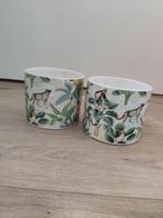 Set van 2 bloempotten met dieren en bladeren print, Tuin en Terras, Bloempotten, Rond, Binnen, Ophalen of Verzenden, Zo goed als nieuw