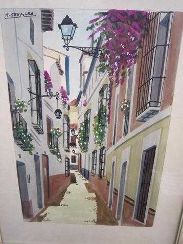 SESMERO, Mooie Spaanse Aquarel v/e Straat Mooi lijstje beschikbaar voor biedingen