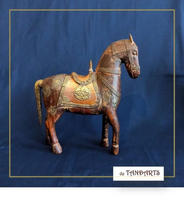 Houten Paard rood- en geelkoper beslagen ~ 20 cm, Antiek en Kunst, Kunst | Beelden en Houtsnijwerken, Ophalen of Verzenden
