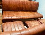 Stoere industriële set eetbank bank en 3 stoelen leer, Bruin, Leer, Ophalen of Verzenden, Zo goed als nieuw