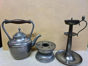 Antiek Tinnen Theeservies - Theepot, Rechaud, Kandelaar beschikbaar voor biedingen
