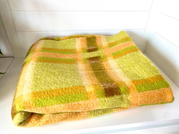 Vintage Retro Deken - Groen/Geel Unica zuiver wol, Huis en Inrichting, Woonaccessoires | Plaids en Woondekens, Gebruikt, Ophalen of Verzenden