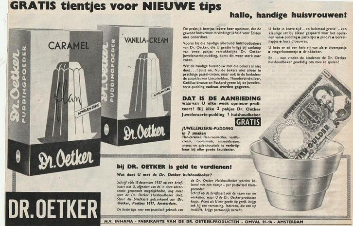 Retro reclame 1957 Dr. Oetker juwelenserie pudding beker, Verzamelen, Retro, Overige typen, Verzenden