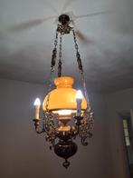 Klassieke hanglamp (messing, hout & glazen kap), Ophalen, Gebruikt, 75 cm of meer, Klassiek