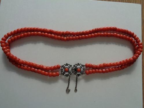 Bloedkoralen dubbele ketting/ dubbel slot, Sieraden, Tassen en Uiterlijk, Antieke sieraden, Ketting, Zilver, Met edelsteen, Verzenden