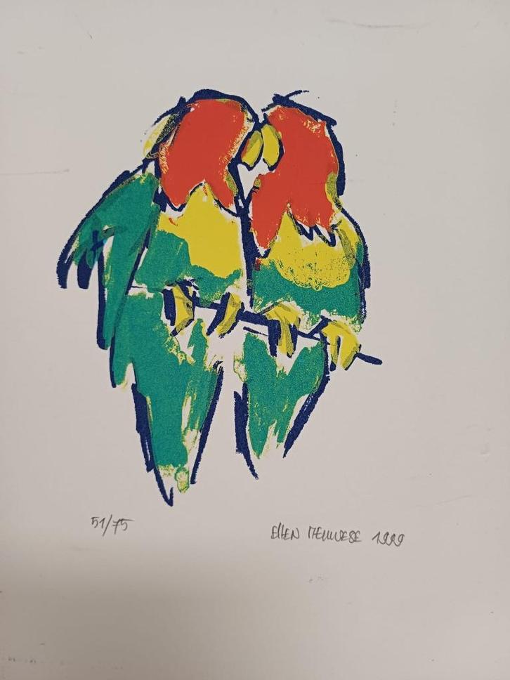 Zeefdruk Ellen Meuwese - Papegaaien, Antiek en Kunst, Kunst | Litho's en Zeefdrukken, Ophalen of Verzenden