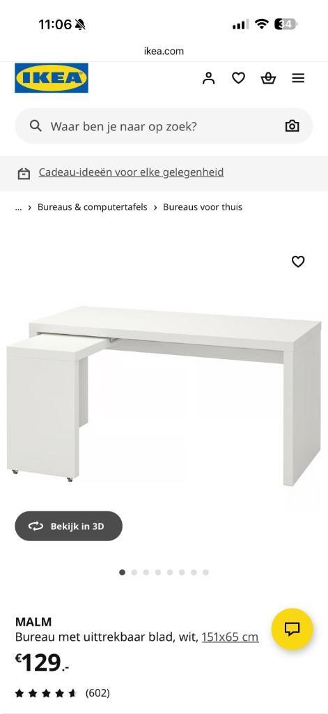 Ikea MALM Bureau met uittrekbaar blad, wit, 151x65 cm, Huis en Inrichting, Bureaus, Gebruikt, Bureau, Ophalen