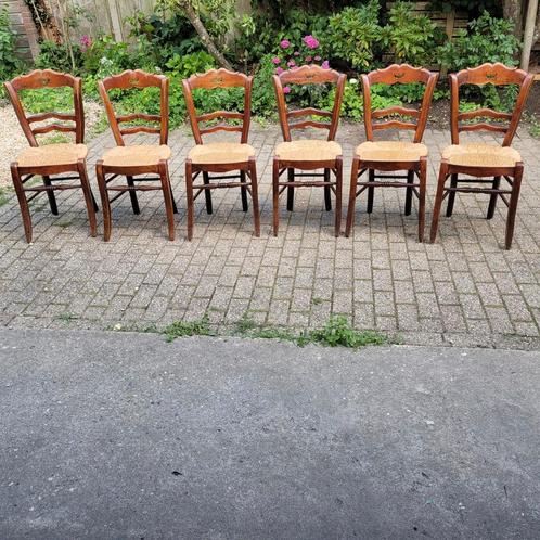 6 Brocante franse houten stoelen met rieten zitting, Antiek en Kunst, Antiek | Meubels | Stoelen en Banken, Ophalen