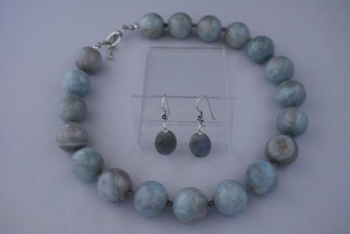 AQUAMARIJN (20 mm)-LABRADORIET ketting/oorhanger-set, Sieraden, Tassen en Uiterlijk, Edelstenen, Nieuw, Verzenden