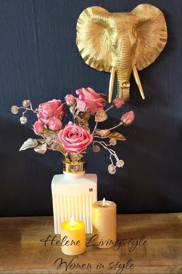 Woondecoratie set vaas rozen led-kaarsen- wand olifant goud