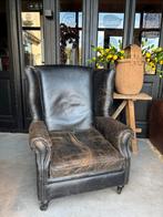 Rofra Leren Oorfauteuil - Geschuurd Leer, Gebruikt, Vintage Stoer, 75 tot 100 cm, Rofra