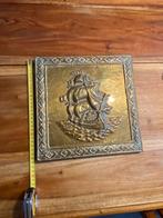 Antieke koperen plaat op hout zie foto’s schip, Antiek en Kunst, Ophalen of Verzenden, Koper