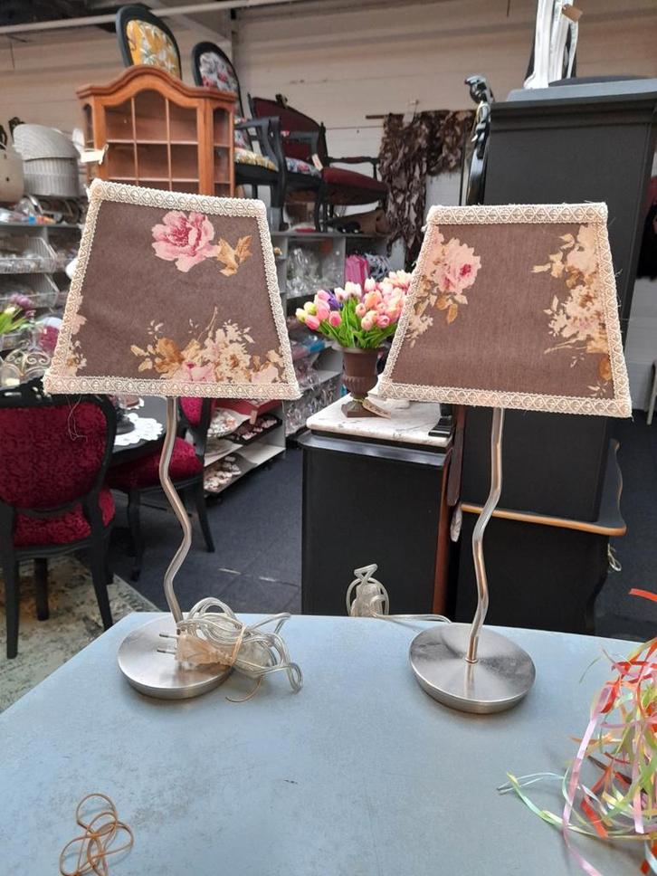 Set 2 brocante lampjes compleet, Huis en Inrichting, Lampen | Tafellampen, Zo goed als nieuw, Minder dan 50 cm, Ophalen of Verzenden