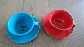 Theetipjes theezakjeshouder kop en schotel rood blauw  beschikbaar voor biedingen