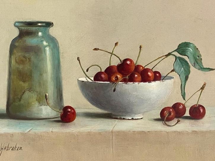 Hans Habraken, schaaltje kersen en oude fles, Antiek en Kunst, Kunst | Schilderijen | Klassiek, Ophalen