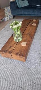 Zelfgemaakte salontafel van zware eikenhouten balken, Ophalen, Gebruikt, 100 tot 150 cm, Eikenhout