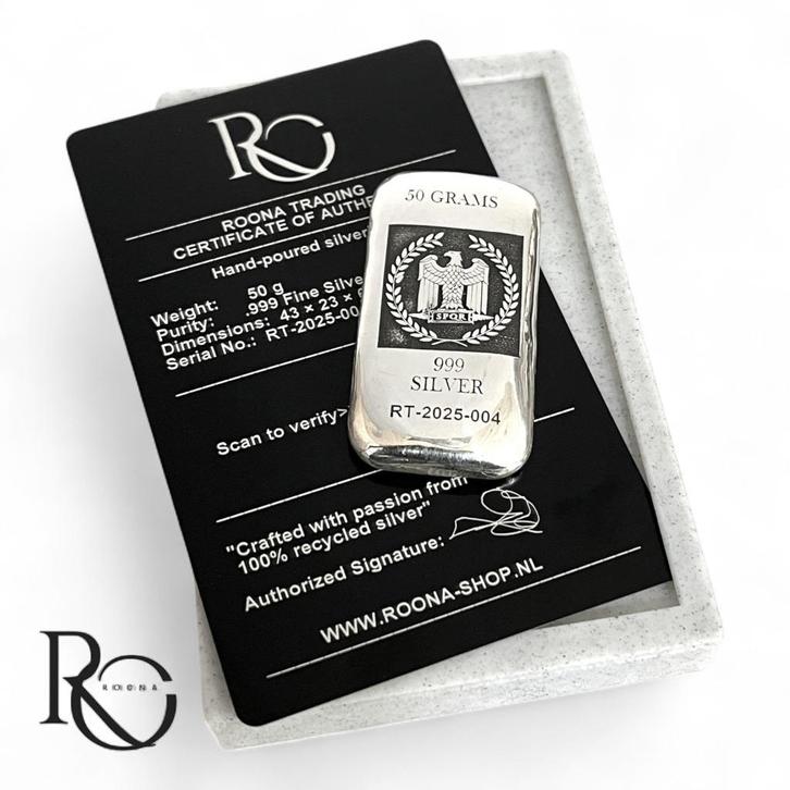 50 gram SPQR zilverbaar met certificaat, Postzegels en Munten, Edelmetalen en Baren, Zilver, Ophalen of Verzenden