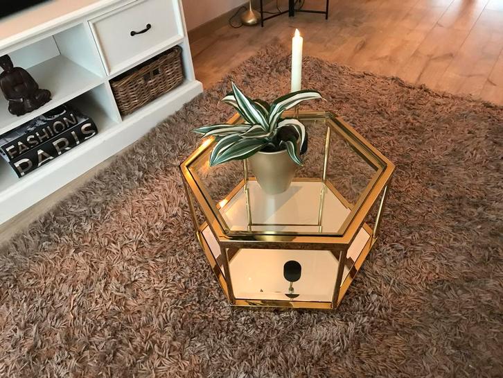 Eichholtz Salontafel Goud/Glas/Spiegel, Huis en Inrichting, Tafels | Salontafels, Gebruikt, Minder dan 50 cm, 50 tot 100 cm, Overige vormen