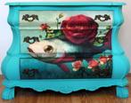 Prachtig blauw buikkastje, grote ladekast “Bloemen Vis”, Huis en Inrichting, Kasten | Ladekasten, Zo goed als nieuw, 3 of 4 laden