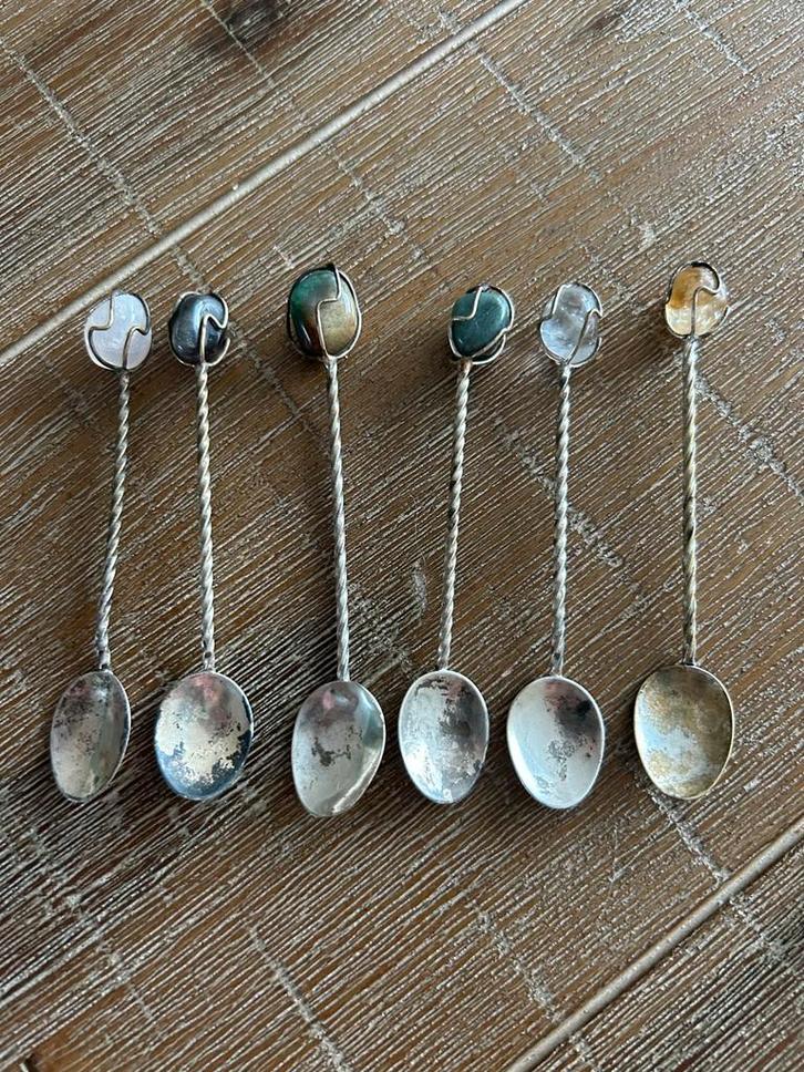 Zilveren lepels met edelstenen (6 stuks), Antiek en Kunst, Antiek | Bestek, Ophalen of Verzenden