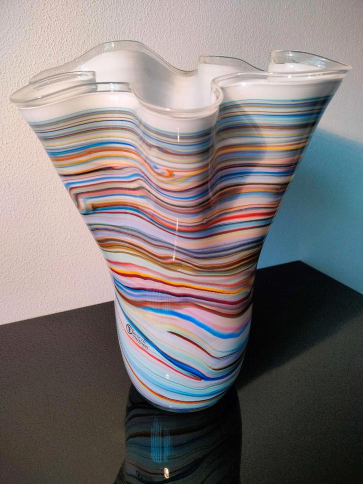 Italie Murano Zakdoek Vaas Glas Groot Helder Kleurrijk 1980, Antiek en Kunst, Antiek | Glas en Kristal, Ophalen of Verzenden