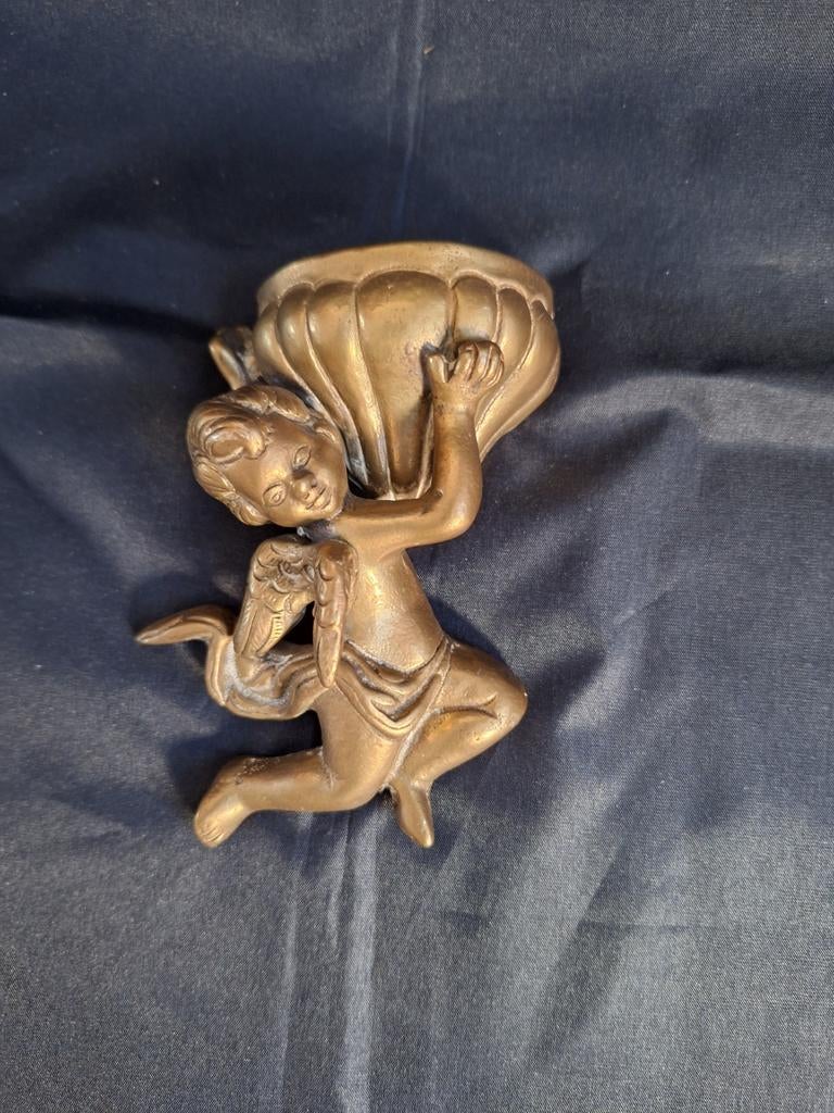 Vintage Koperen Engel Cherub Beeldje Met Schelp, Ophalen, Koper