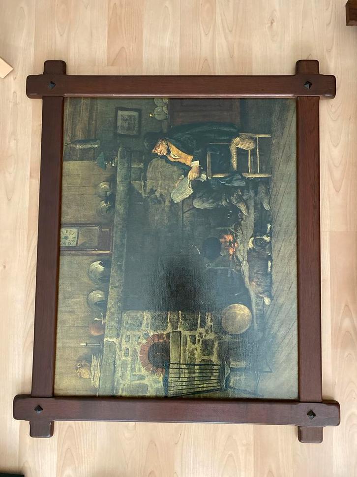 Klassiek Schilderij met Houten Lijst - Interieur Scène Haard, Antiek en Kunst, Kunst | Schilderijen | Klassiek, Ophalen