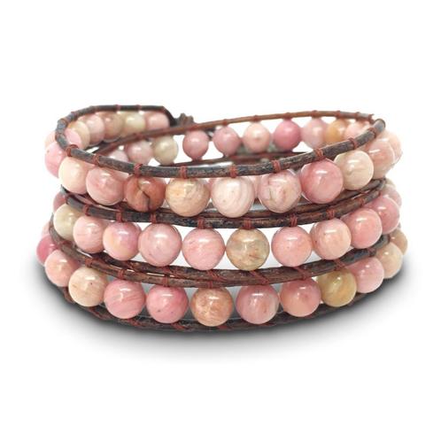 Trendy 3-laags leren wikkelarmband met rhodochrosiet, Sieraden, Tassen en Uiterlijk, Edelstenen, Nieuw, Ophalen of Verzenden