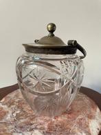 Prachtige glazen koektrommel - verzilverd handvat & deksel, Ophalen of Verzenden