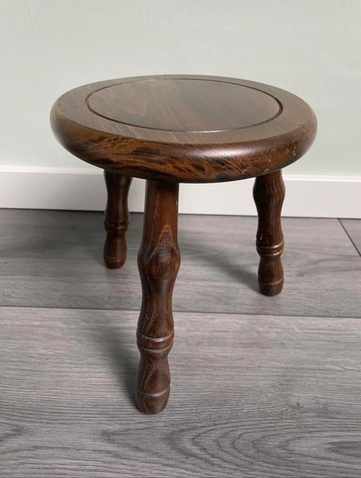 Oud houten bijzettafeltje/planten tafeltje/krukje driepoot, Antiek en Kunst, Curiosa en Brocante, Ophalen