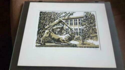 Houtsnede samson en leeuw bij mendel college haarlem 1984., Antiek en Kunst, Kunst | Etsen en Gravures, Ophalen