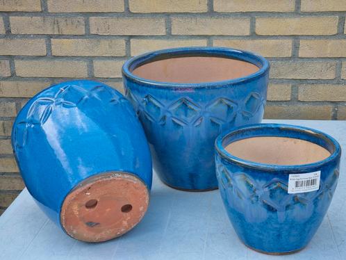 3 bloempotten blauw              Diameter 20 , 24 en 30 cm, Tuin en Terras, Bloempotten, Zo goed als nieuw, Terracotta, Binnen