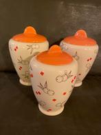 Set vintage voorraadpotten van keramiek met olijvenprint, Keramiek, Overige typen, Ophalen of Verzenden, Zo goed als nieuw