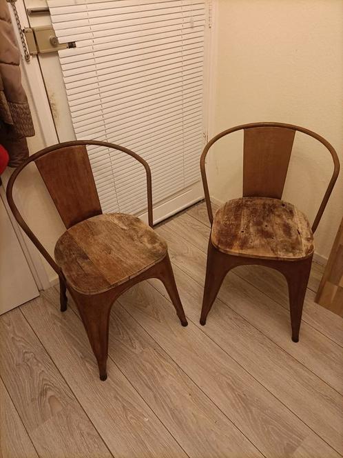 Leuke industriële stoelen! Moet snel weg., Huis en Inrichting, Stoelen, Zo goed als nieuw, Twee, Hout, Metaal, Bruin, Ophalen