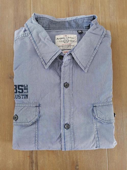 Donkerblauw/wit gestreept overhemd, Angelo Litrico, maat 2XL, Kleding | Heren, Overhemden, Zo goed als nieuw, Overige halswijdtes