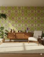 14303 groovy behang jaren 70 met bloemen en vakken swiet, Ophalen of Verzenden, 75 m² of meer, Wit