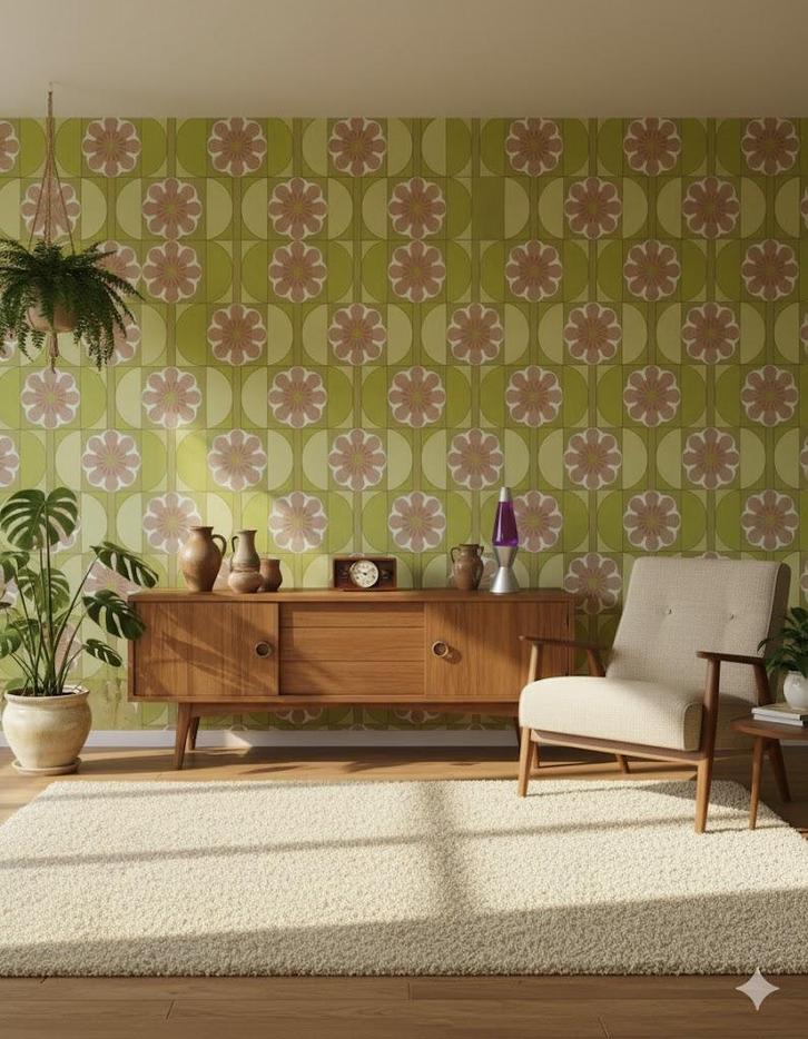 14303 groovy behang jaren 70 met bloemen en vakken swiet, Huis en Inrichting, Stoffering | Behang, Wit, 75 m² of meer, Ophalen of Verzenden