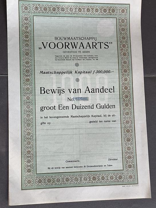 Aandeel Bouwmaatschappij Voorwaarts Assen 1916, Postzegels en Munten, Aandelen en Waardepapieren, Aandeel, Voor 1920, Verzenden