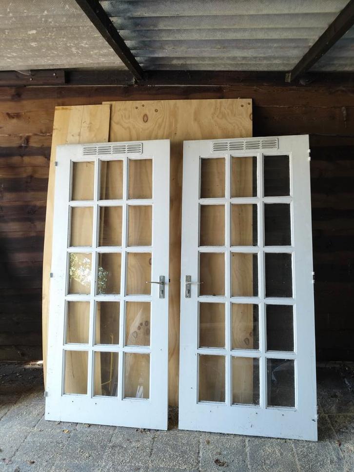 Dubbele Hardhouten Tuindeur met Blokruitjes, Doe-het-zelf en Verbouw, Deuren en Horren, Gebruikt, Buitendeur, 200 tot 215 cm, 80 tot 100 cm