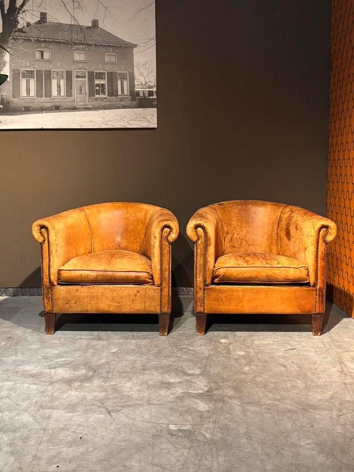 1 Vintage  Schapenleren Clubfauteuil Nico van Oorschot, Huis en Inrichting, Fauteuils, Gebruikt, Leer, 75 tot 100 cm, 75 tot 100 cm